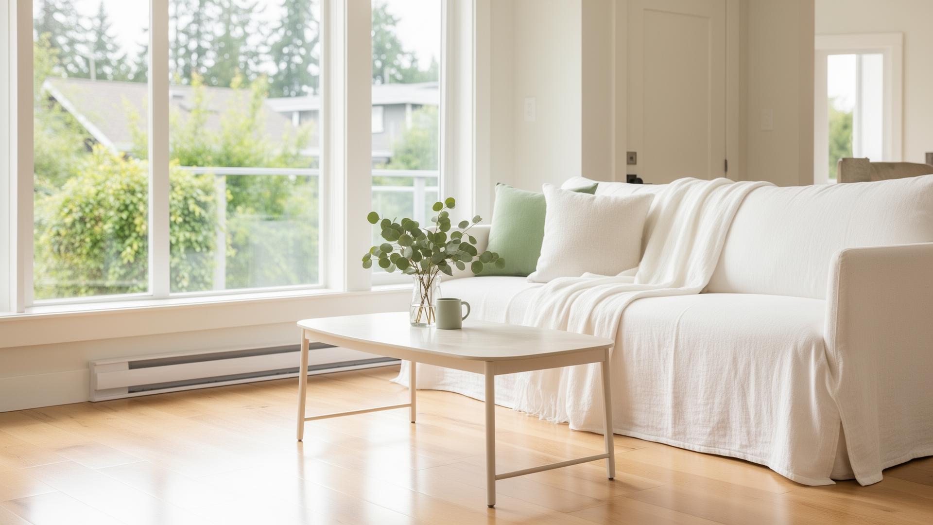 Bright, freshly cleaned modern living room with natural light